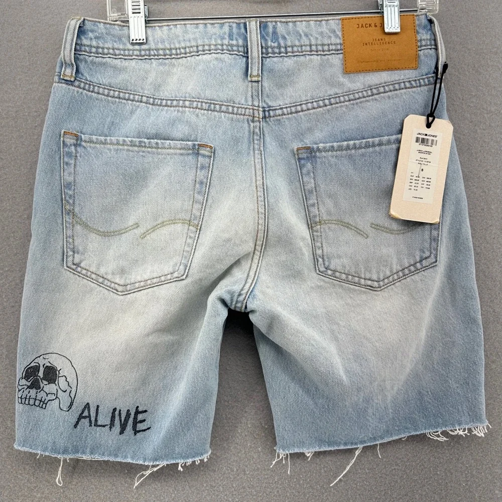 Jack & Jones Denim Shorts Graffiti Distressed Raw Hem SZ S 30